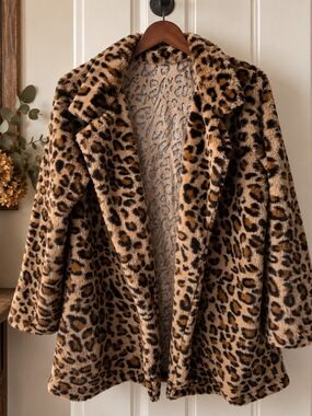 Leopard Print Faux Fur Teddy Coat Lightweight Plush Jacket 22" PTP
